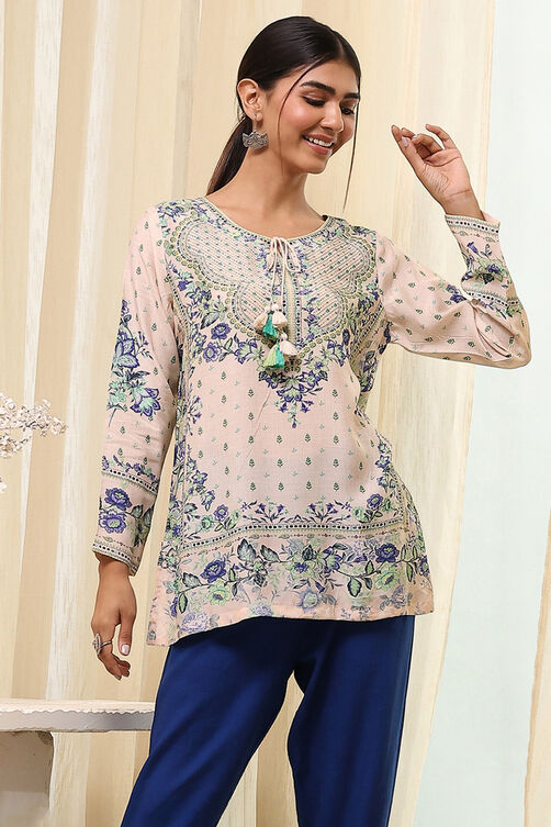 Off-White-Pink Modal Blend Straight Printed Short Kurta image number 5