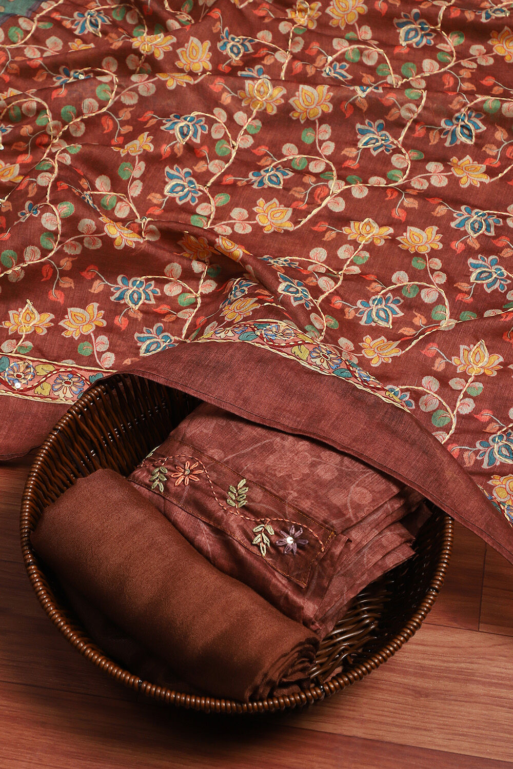 Grey Chanderi Hand Embroidered Unstitched Suit Set image number 0