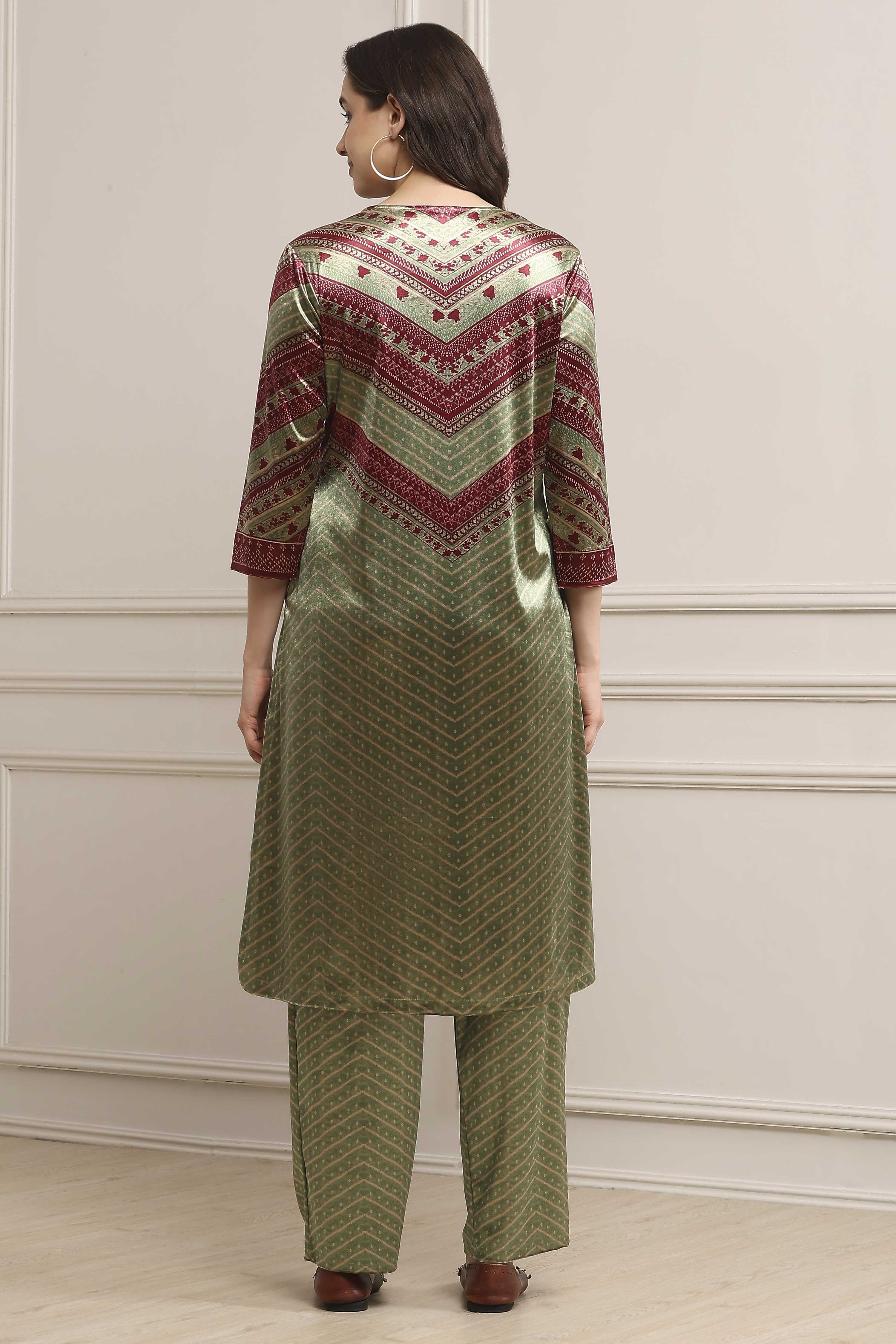Mint Green Blended Straight Printed Kurta Pants Set image number 4