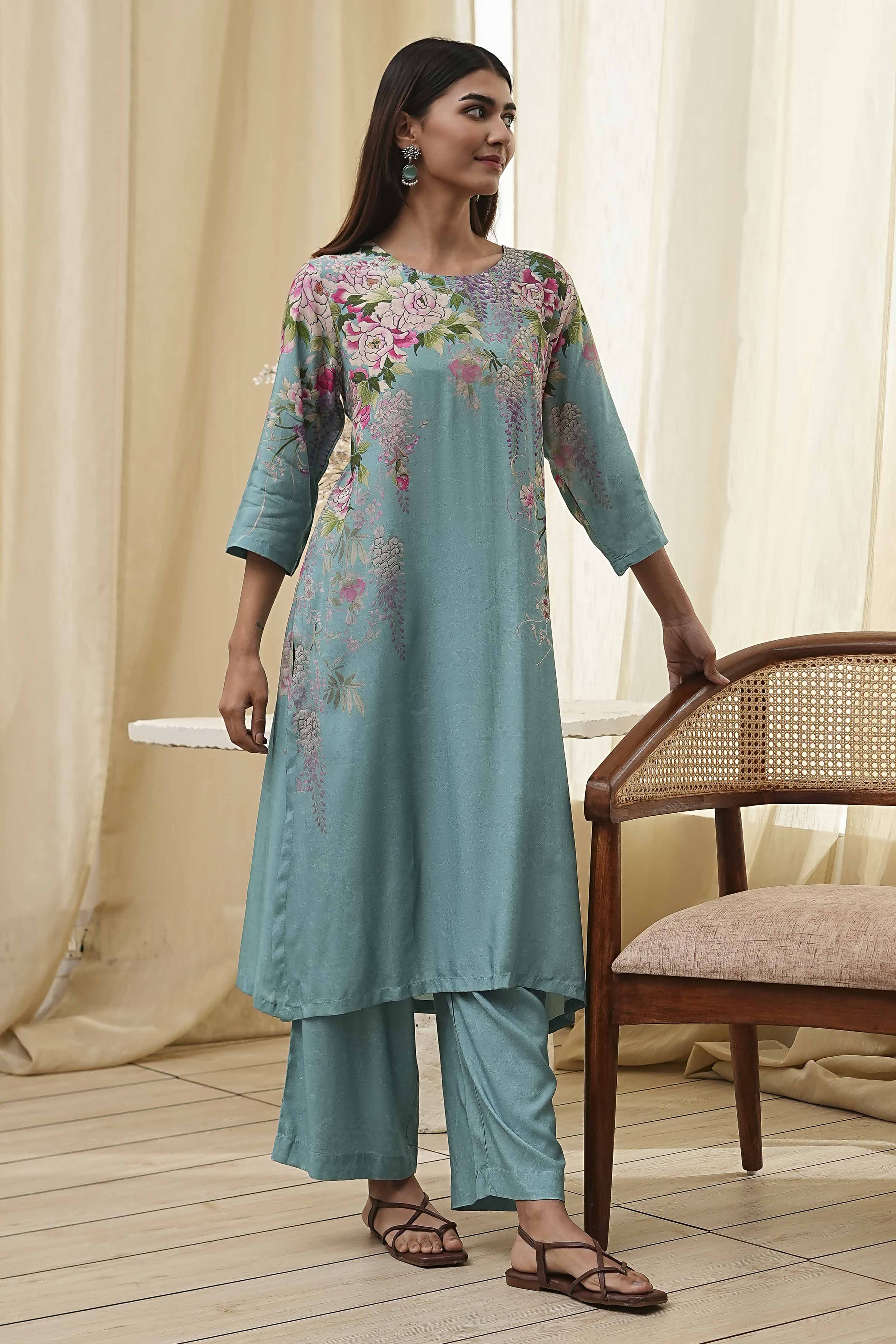 Blue Floral Straight Kurta Set image number 0