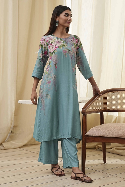 Blue Floral Straight Kurta Set image number 0