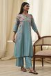Blue Floral Straight Kurta Set image number 0