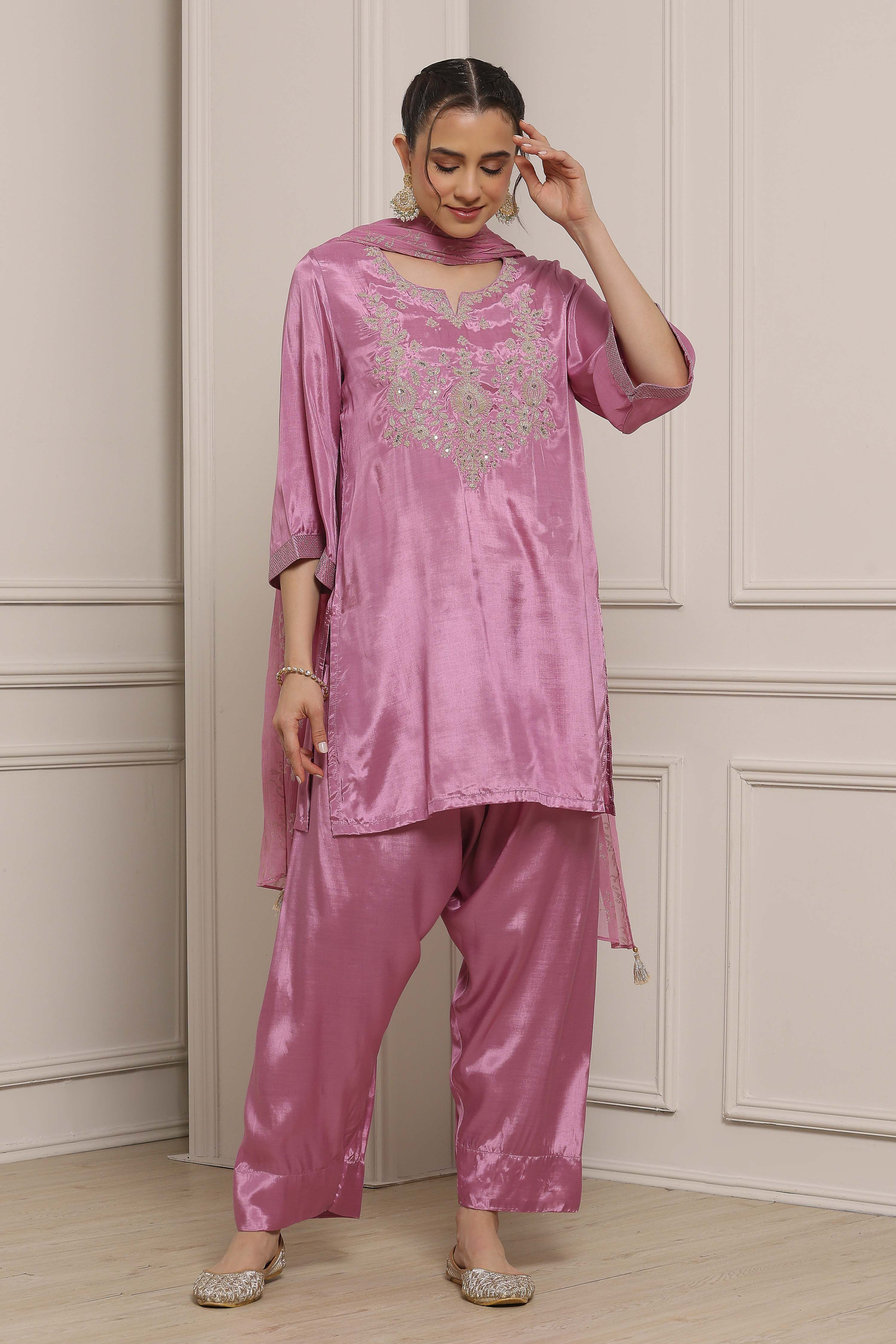 Pink Viscose Shantoon Embroidered Straight Suit Set image number 0