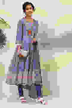 White And Blue Cotton Anarkali Kurta Churidar Suit Set image number 7