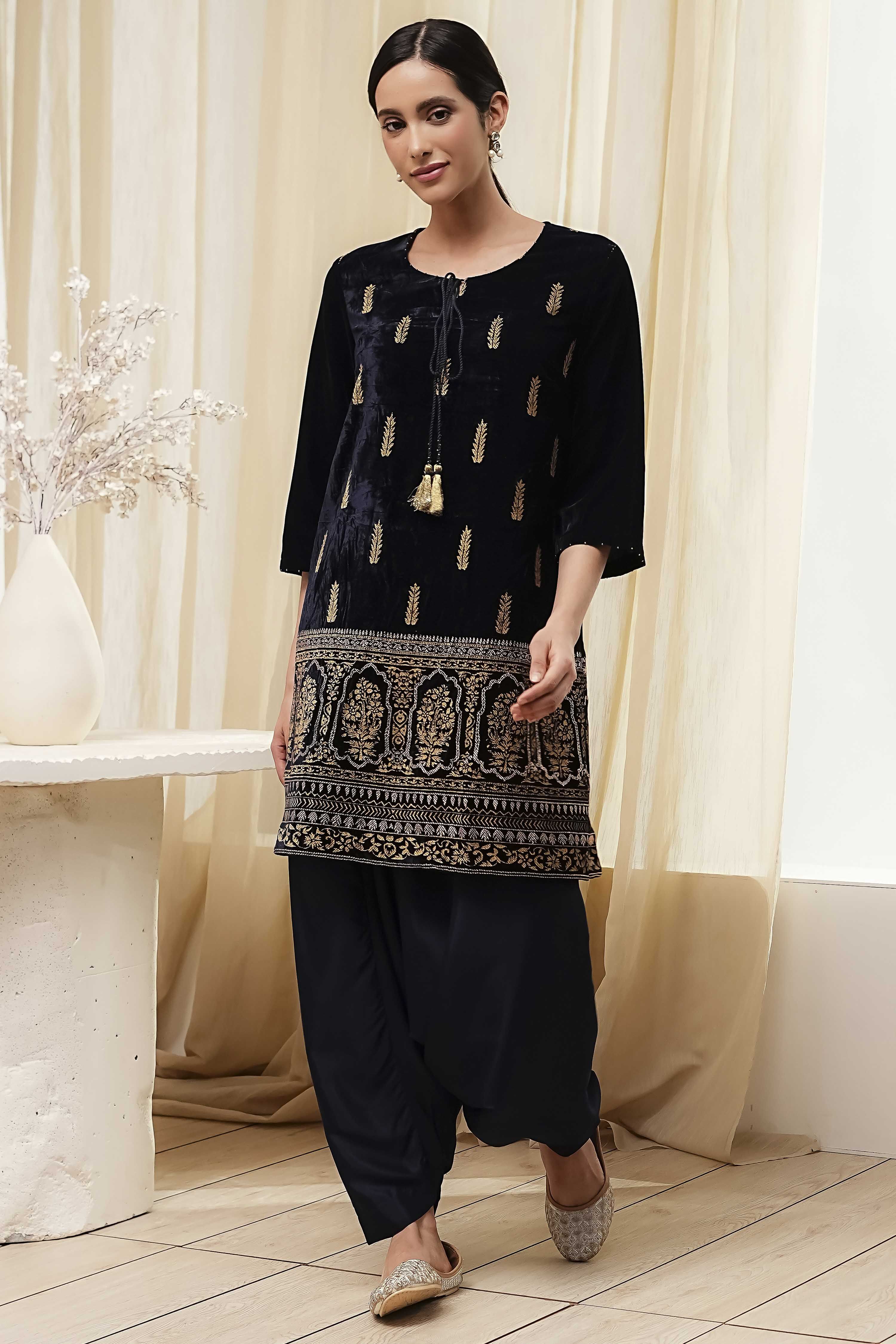 Navy Blue Polyester Straight Kurta Pants Set image number 6