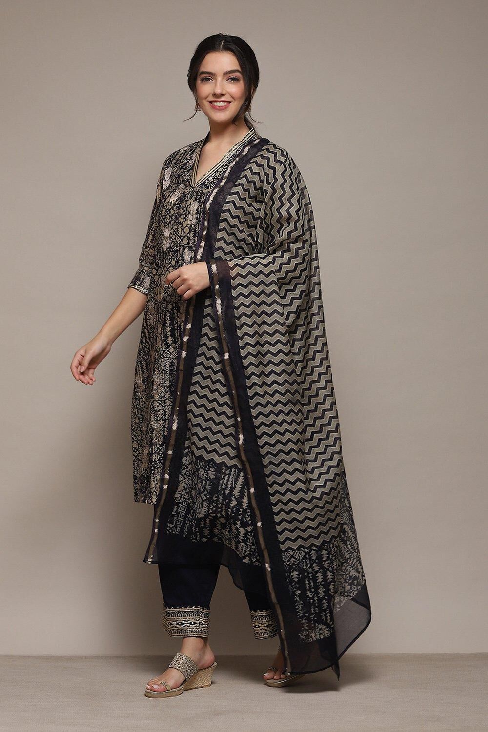 Indigo Cotton Blend Kalidar Printed Kurta Palazzo Suit Set image number 0