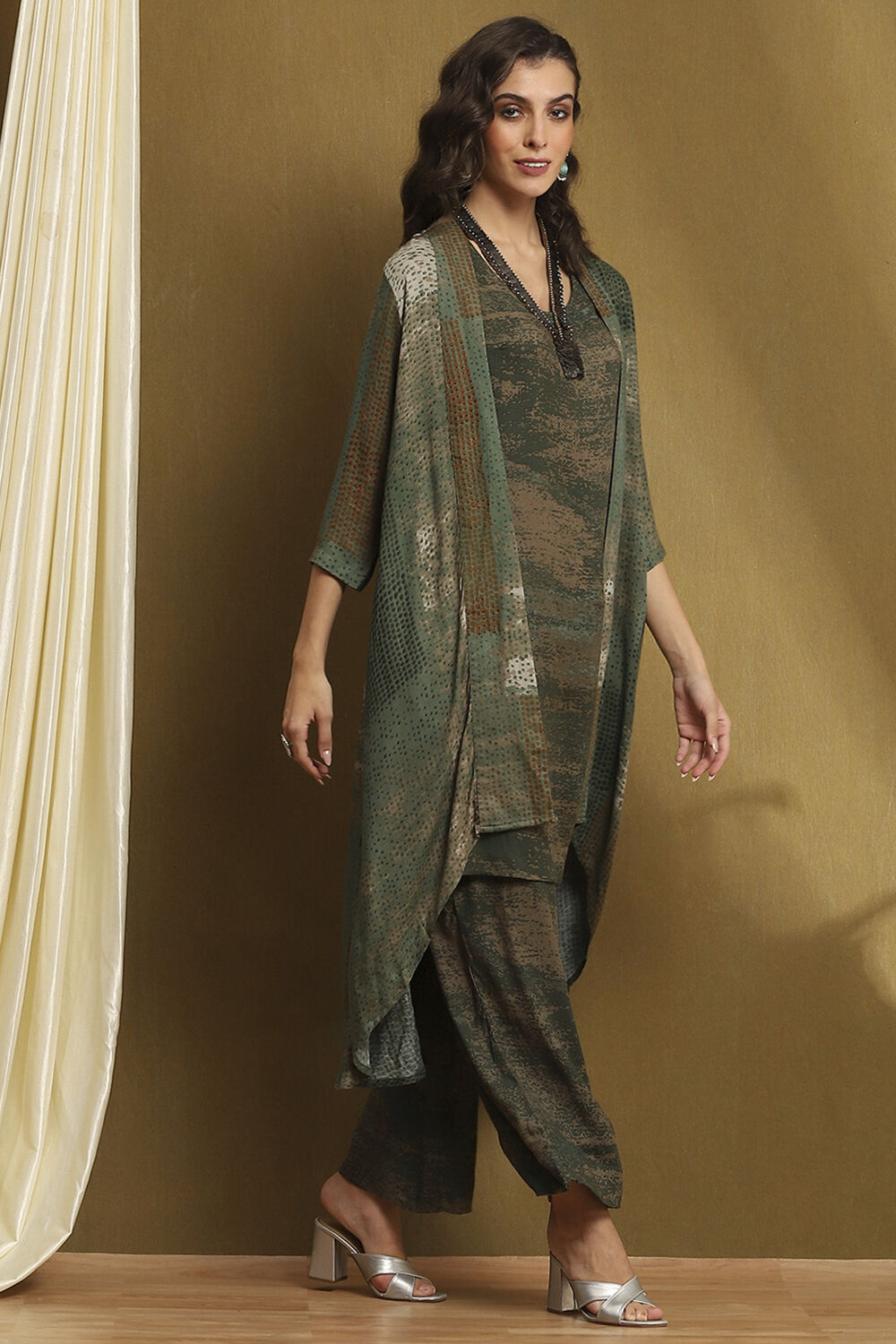 Olive Green Hand-Block Printed Straight Co-ord Set image number 5