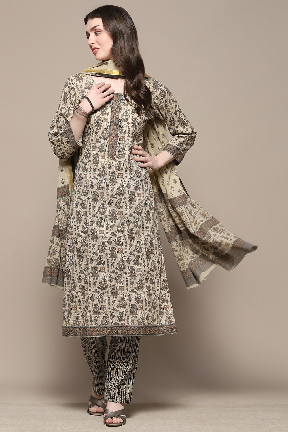 Grey Cotton Screen Printed Unstitched Suit Set image number 1