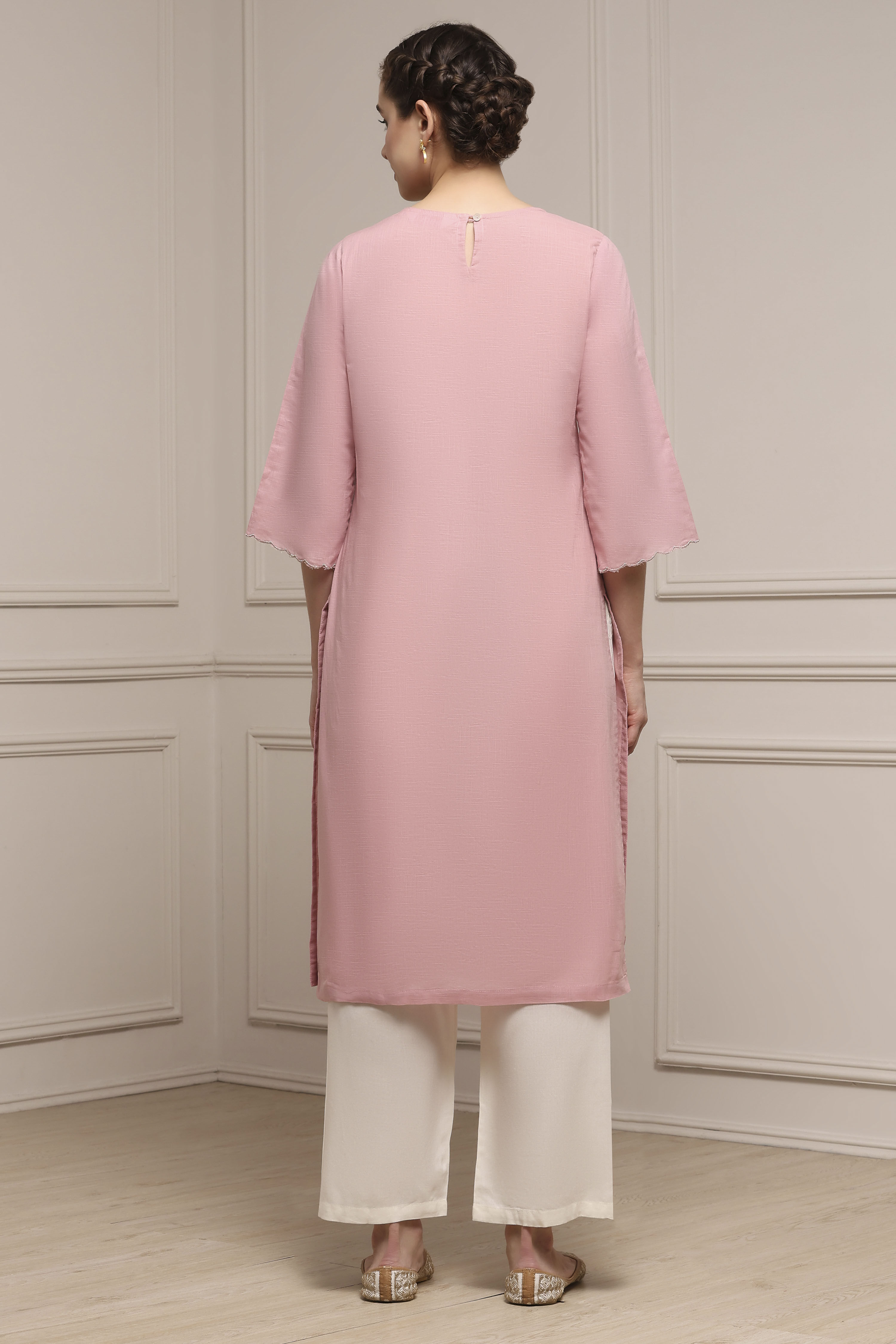 Onion Pink Cotton Solid Straight Kurta image number 3