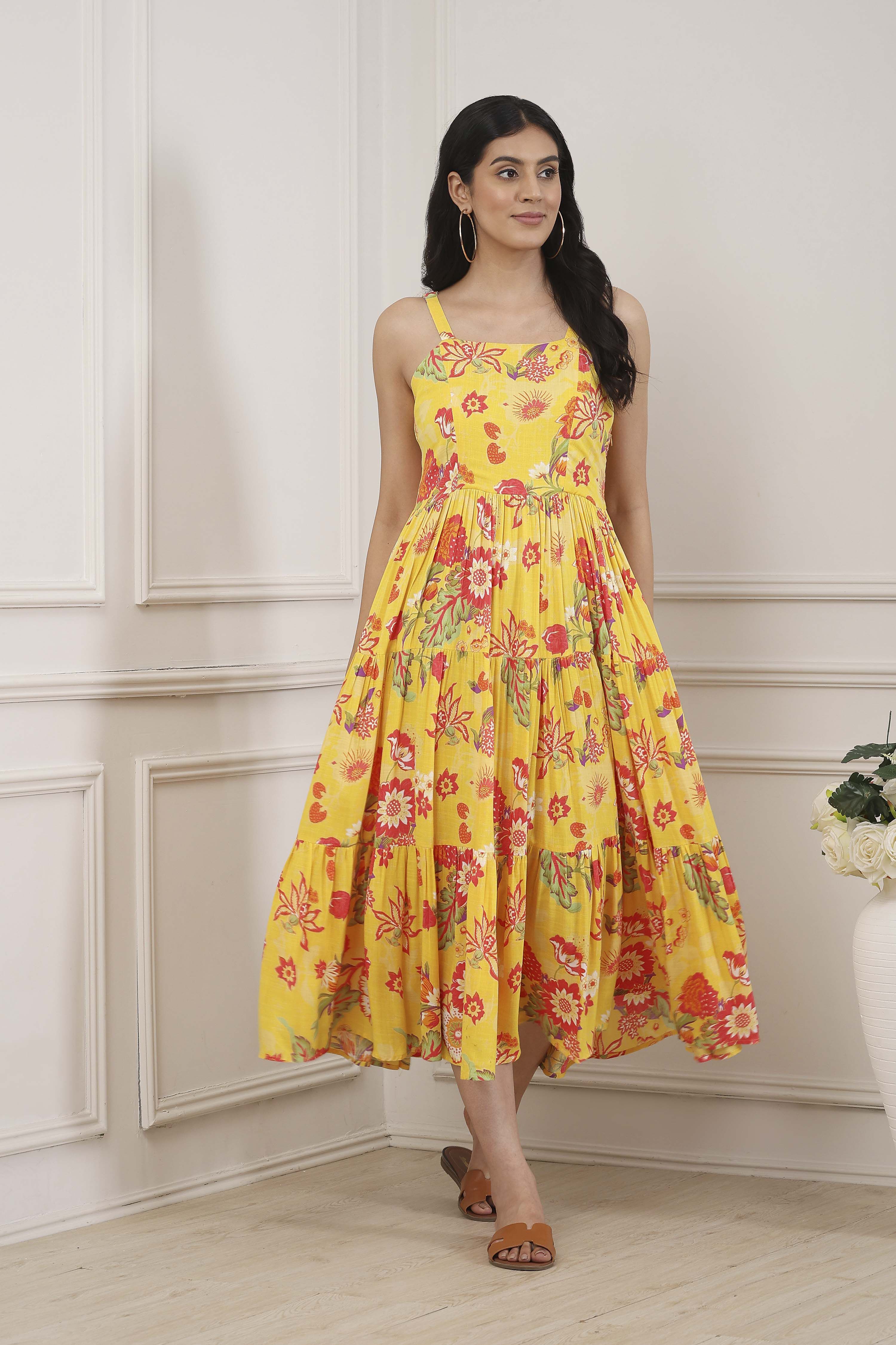 Yellow Viscose Rayon Tiered Dress image number 0