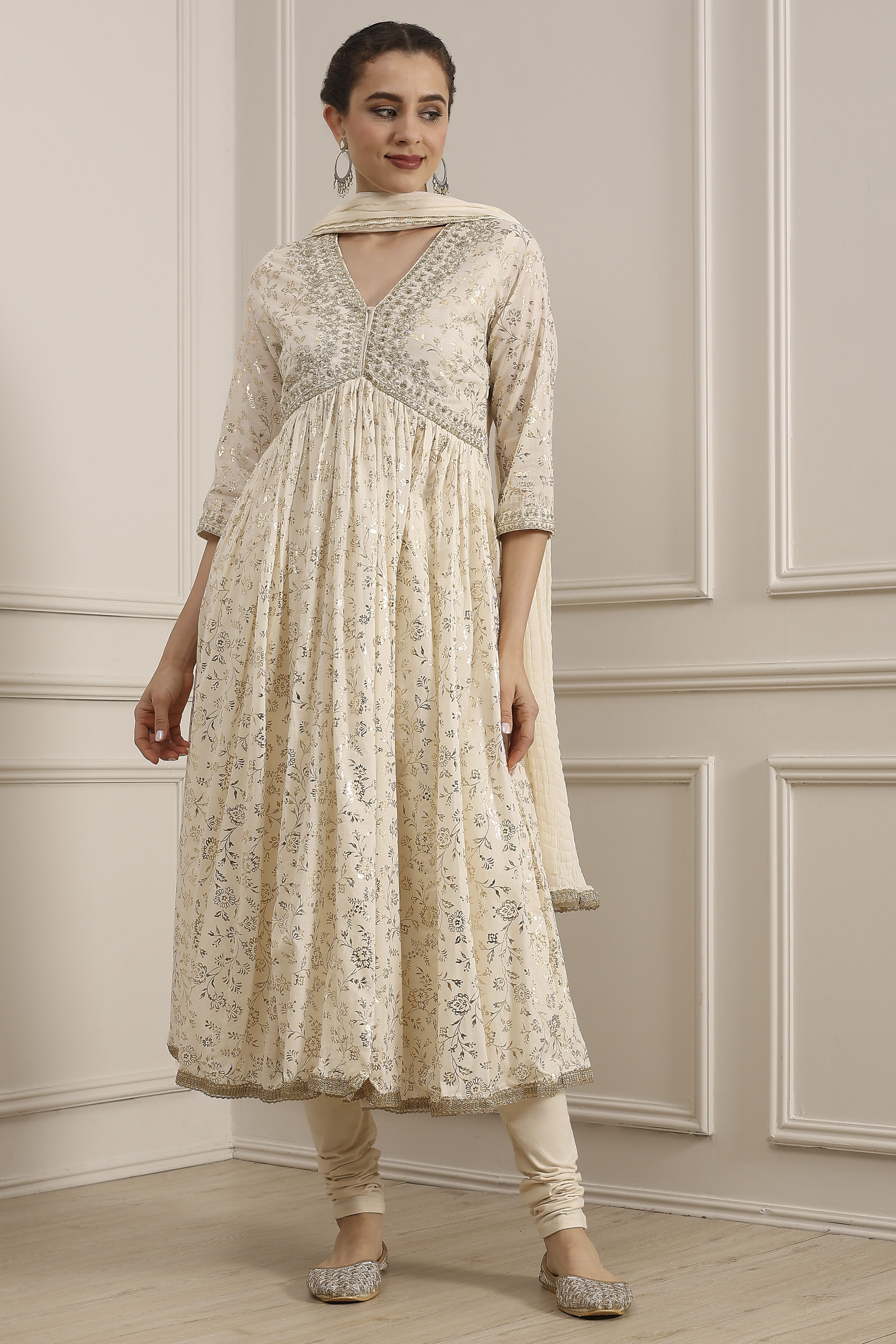 Off-White Cotton Foil Printed Anarkali Suit Set image number 6