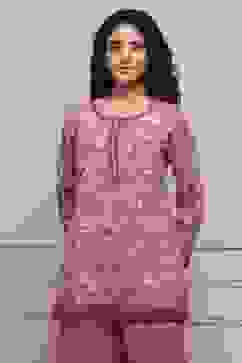 Pink Art Silk Printed Straight Short Kurta image number 5