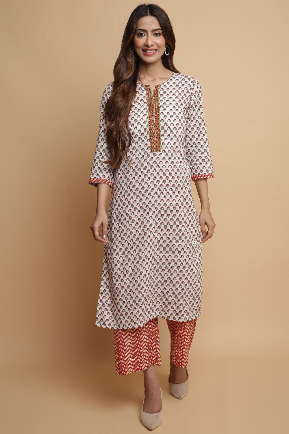 Off White Cotton Straight Kurta Palazzo Suit Set image number 0
