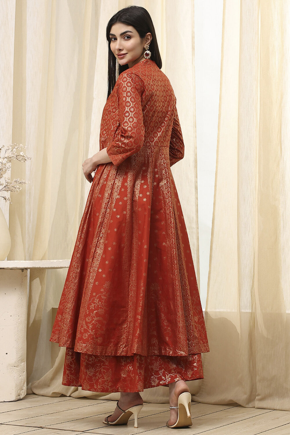 Terracotta Cotton Layered Anarkali Dress image number 3
