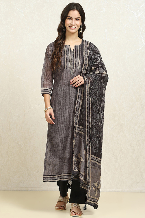 Grey Chanderi Blend Printed Unstitched Suit Set image number 7