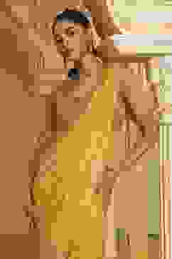 Yellow Poly Georgette Digital Printed Gown Saree image number 0