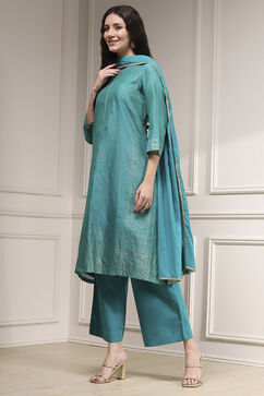 Turquoise Cotton Blend Printed Straight Suit Set image number 3