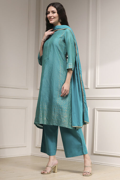Turquoise Cotton Blend Printed Straight Suit Set image number 3