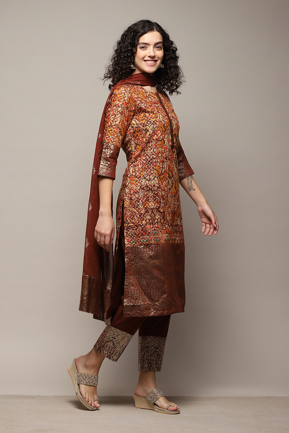 Choco Brown Cotton Blend Straight Printed Kurta Afgan Pant Suit Set image number 6