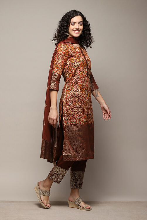 Choco Brown Cotton Blend Straight Printed Kurta Afgan Pant Suit Set image number 6