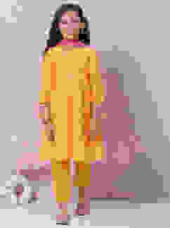 Yellow Cotton Anarkali Kurta Narrow Pants Suit Set image number 0