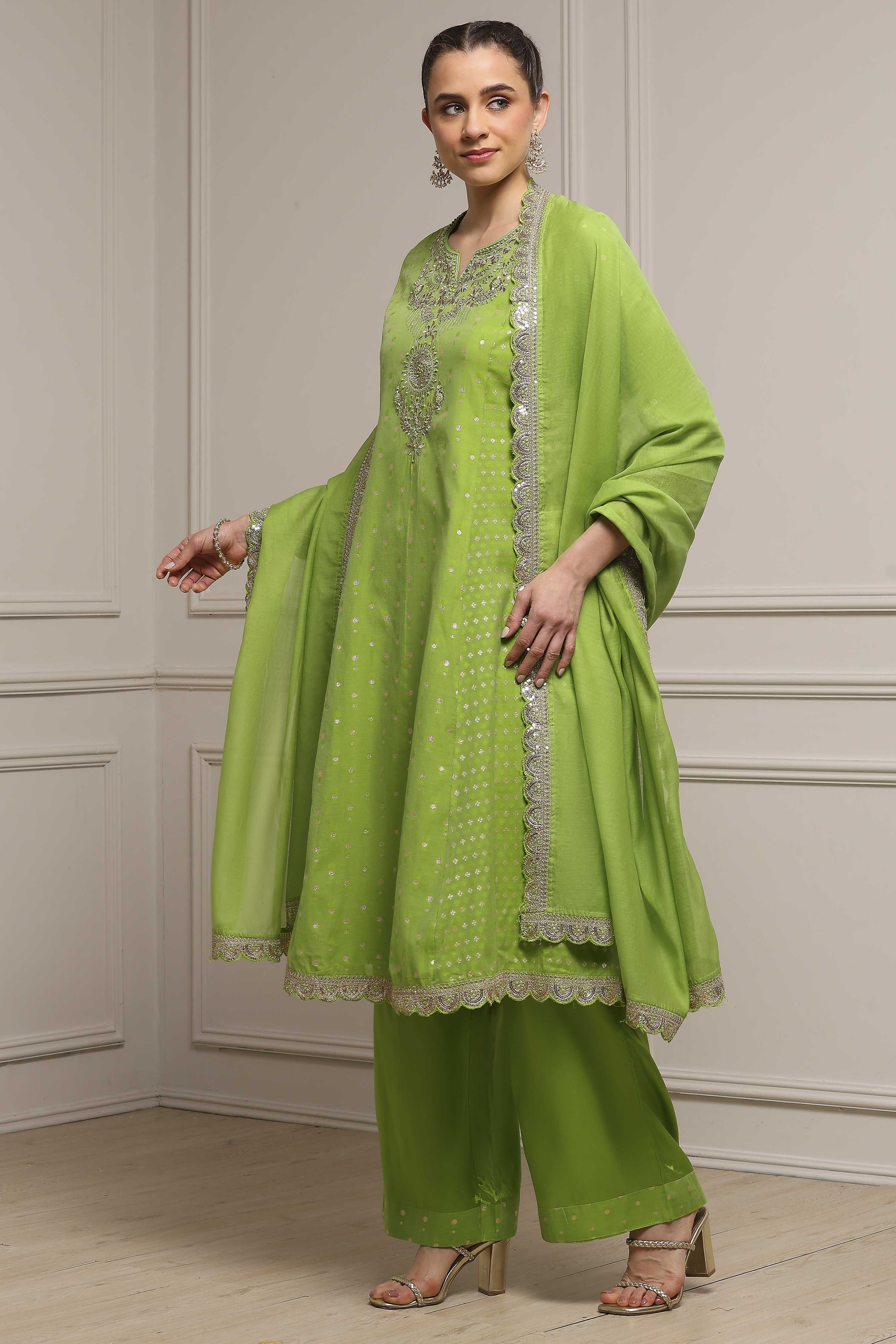 Lime Green Cotton A-Line Yarndyed Suit Set image number 3