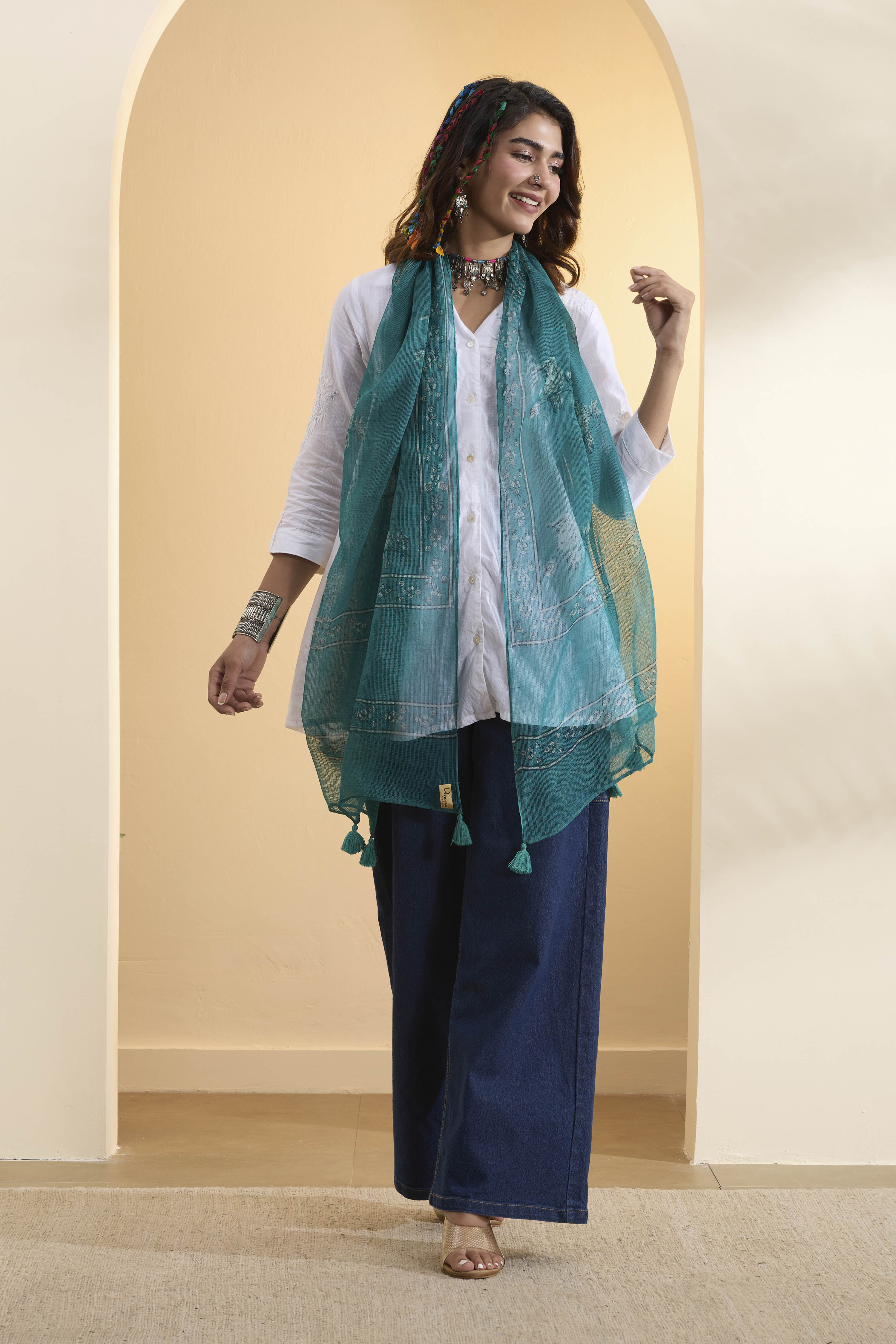 Teal Blue Kota Doria Traditional Print DupattaTeal Blue Kota Doria Traditional Print Dupatta-image-43