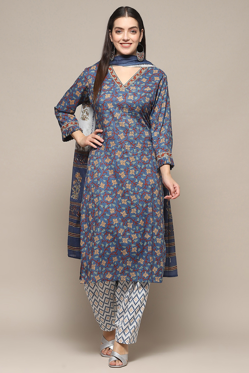 Green Cotton Unstitched Suit set image number 8