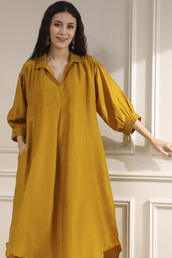 Ochre Yellow Polyester A-Line Dyed Kurta Pants Set image number 6