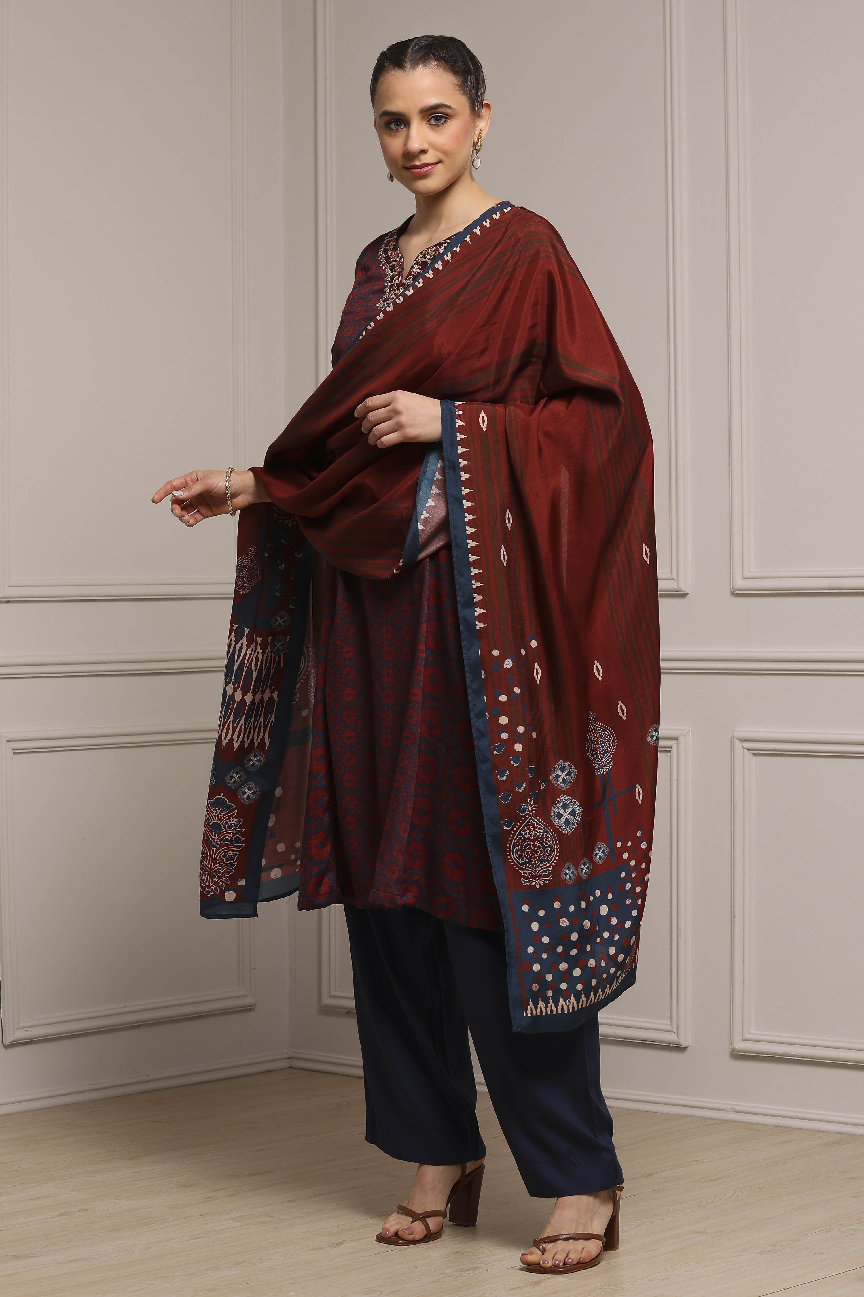 Blue-Brown Modal Straight Printed Suit Set image number 3