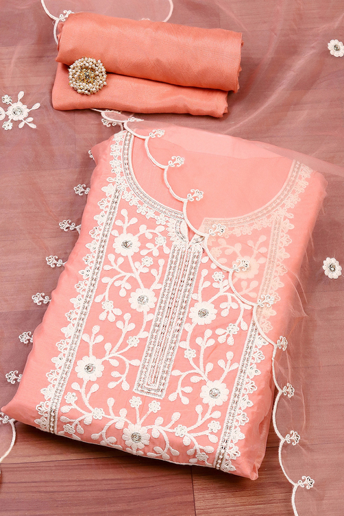 Baby Pink Chanderi Unstitched Suit Set image number 0