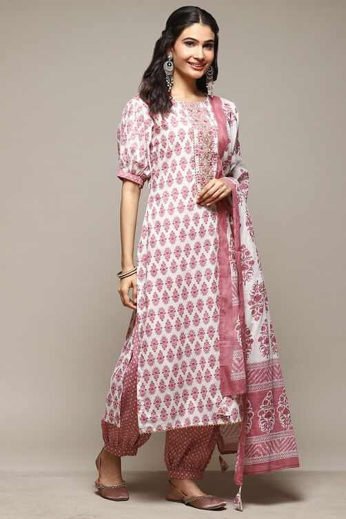 White Cotton Unstitched Suit Set image number 7