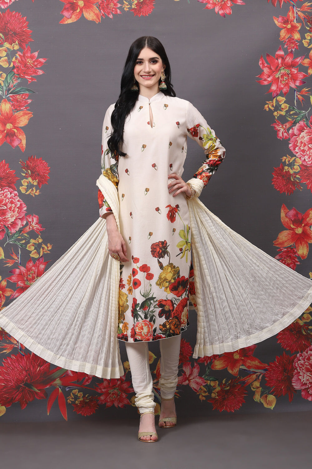 Off White Cotton Silk Straight Printed Suit Set image number 0