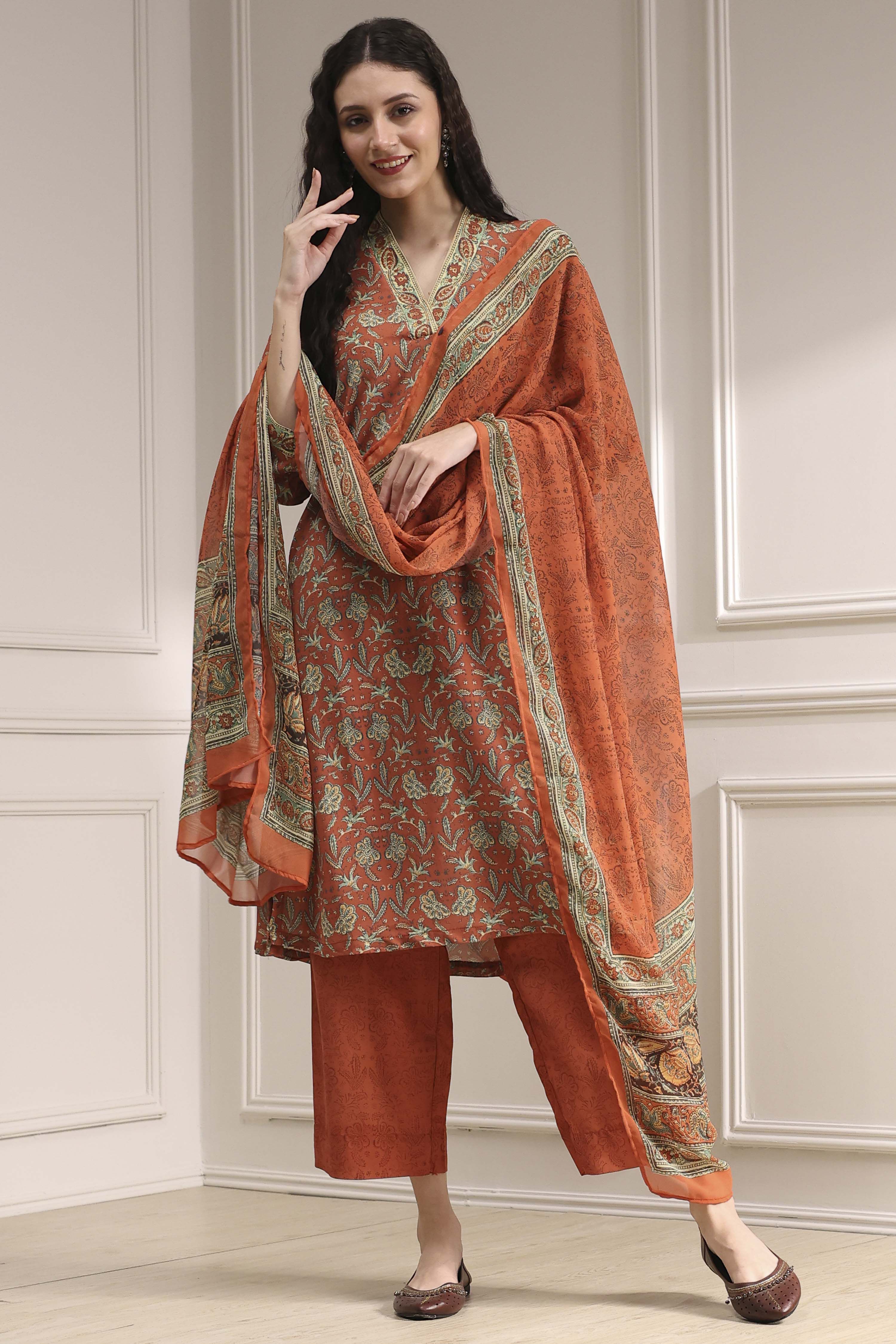 Rust Printed Straight Suit Set image number 6