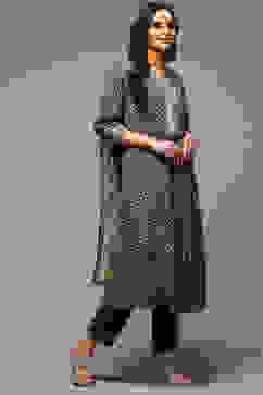 Grey Cotton Gathered Kurta Pants Suit Set image number 6