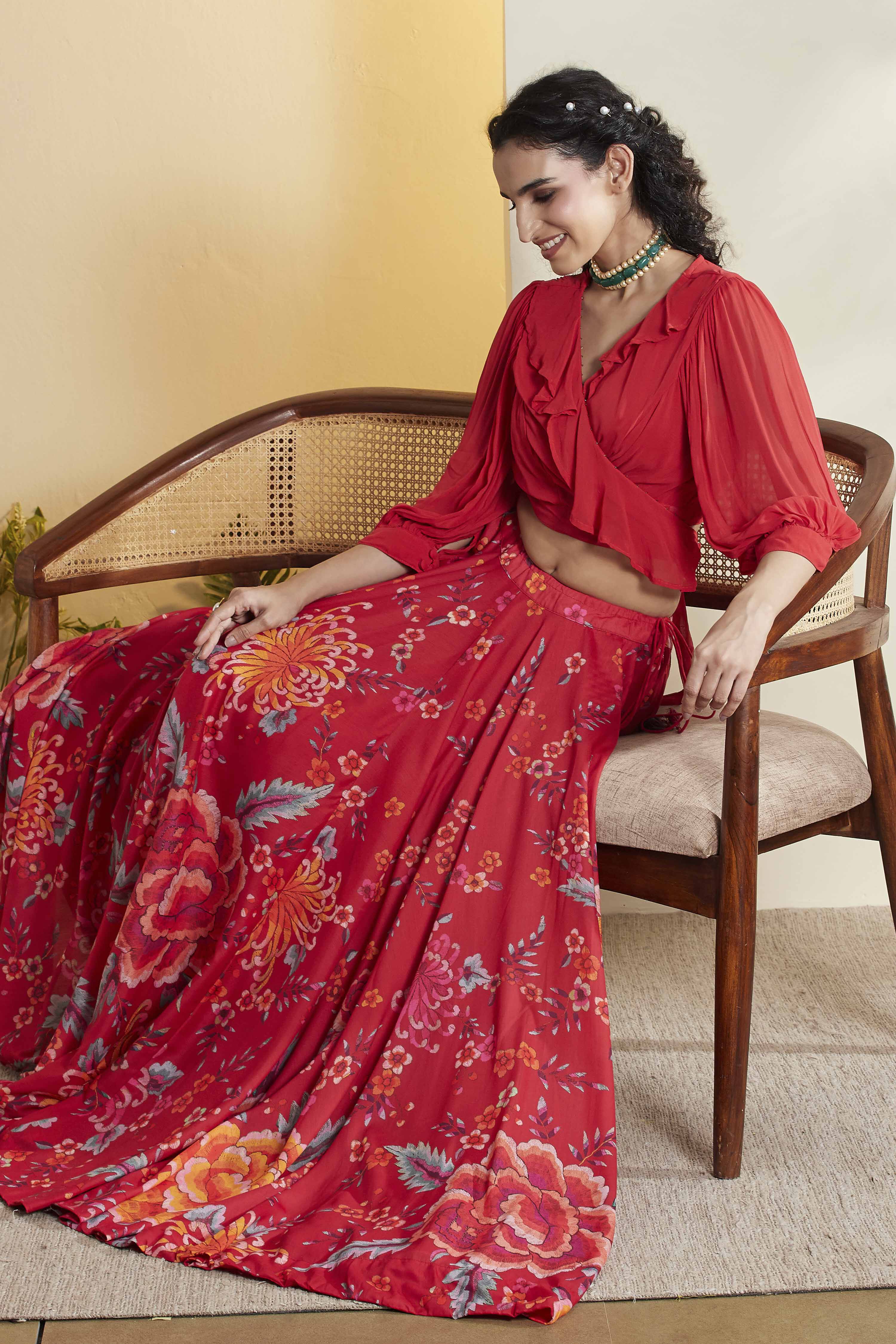 Red Viscose Rayon Front Open Lehenga Set image number 0