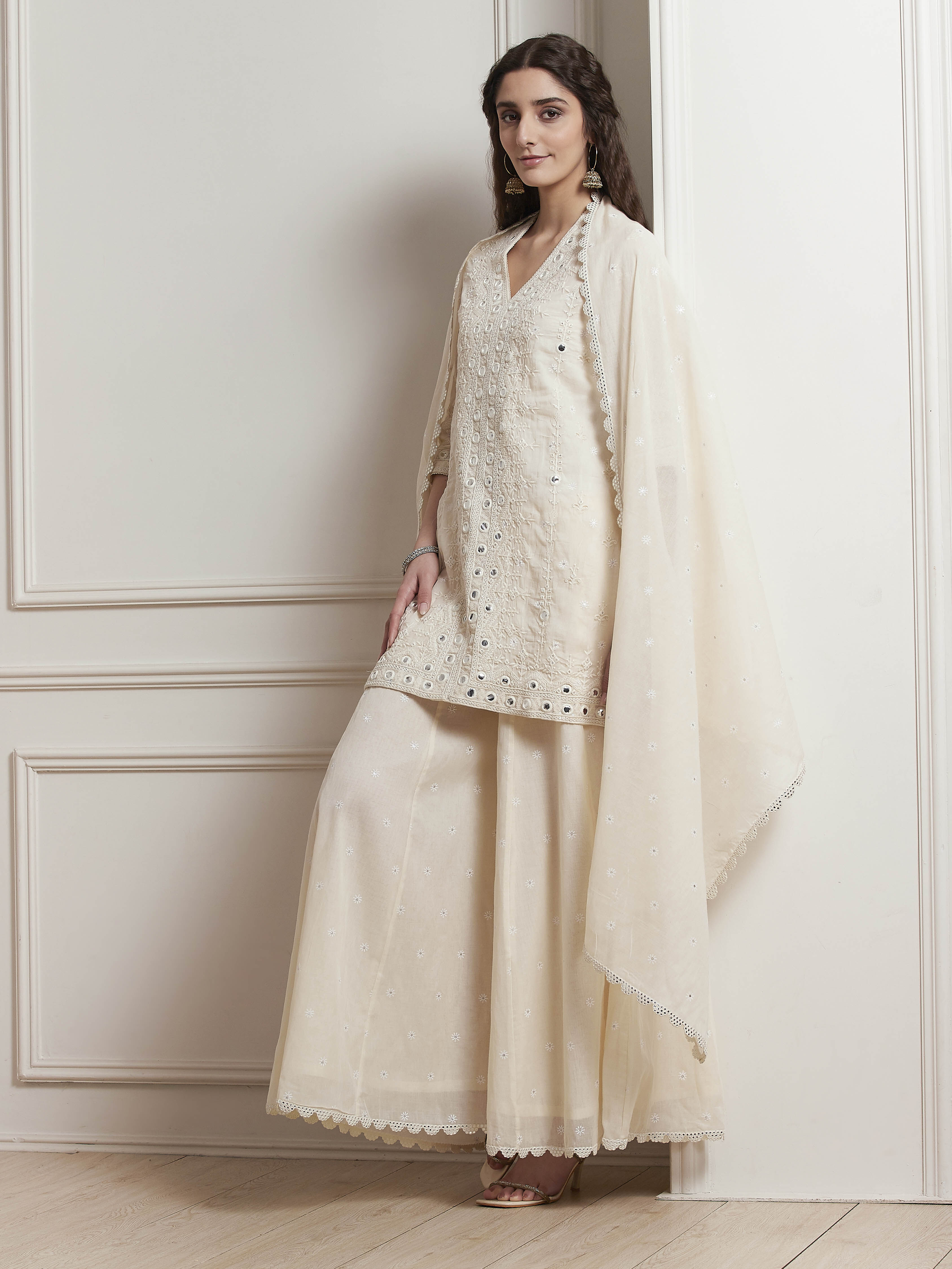 Ecru Cotton Embroidered Straight Sharara Suit Set image number 0