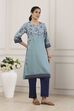 Blue Cotton Floral Printed Straight Kurta image number 4