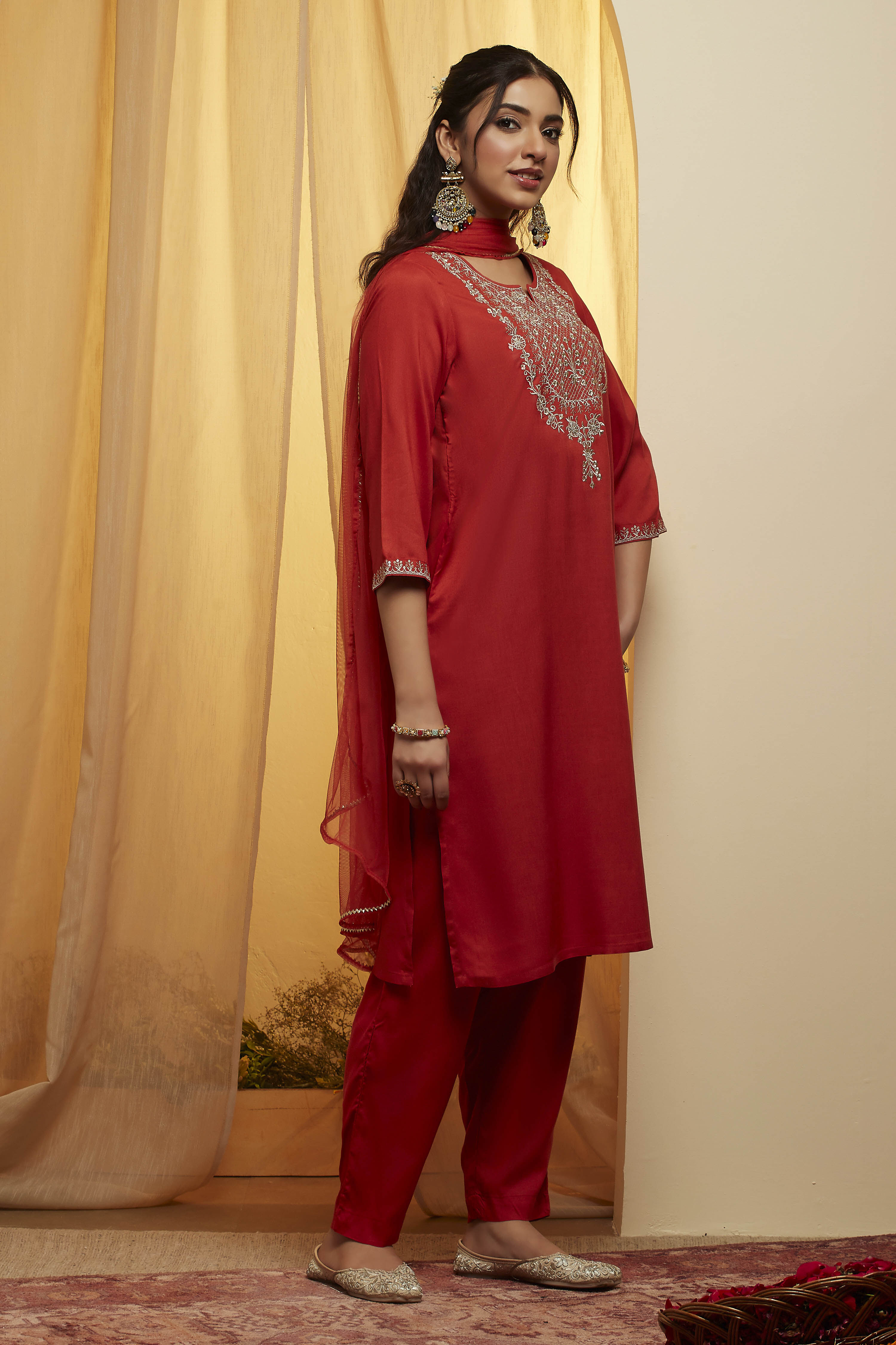 Burnt Orange Rayon Straight Kurta Pants Suit Set image number 4