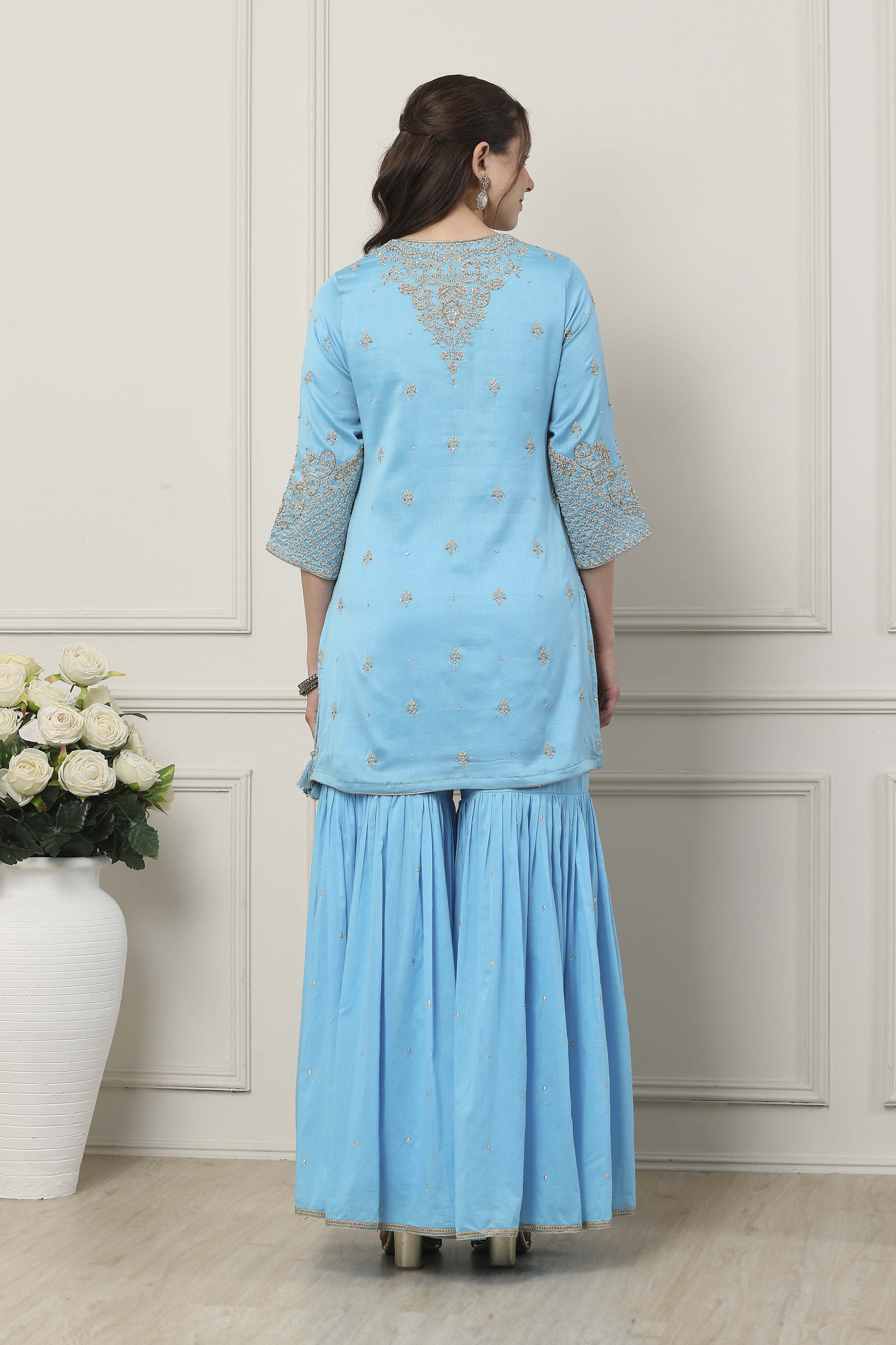 Blue Silk Chanderi Yoke Embroidered Straight Suit Set image number 4