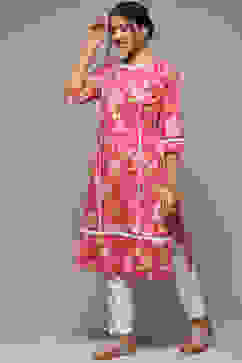 Pink Cotton Straight Printed Kurta image number 2
