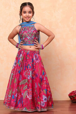 Pink Poly Chanderi Floral Printed Lehenga Set image number 0