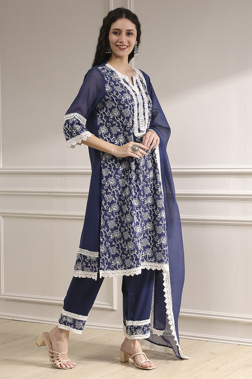 Blue Chanderi Embroidered Straight Suit Set image number 5