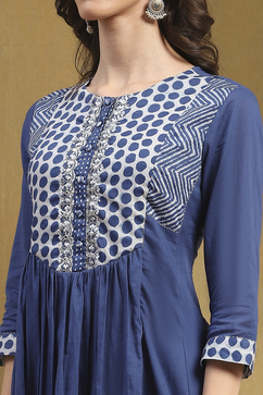Indigo Cotton Printed Gathered Kurta Set image number 1