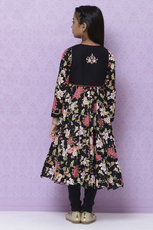 Black Cotton Girls Anarkali Kurta Churidar Suit Set image number 8