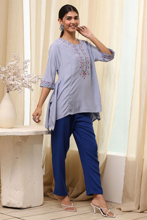 Dull Blue Modal Blend Straight Printed Kurta image number 4