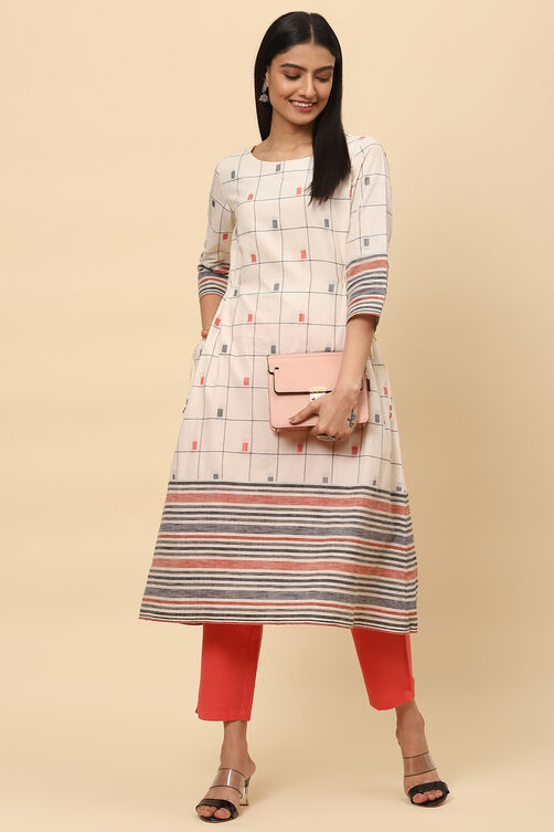Off White Cotton A Line Kurta image number 5