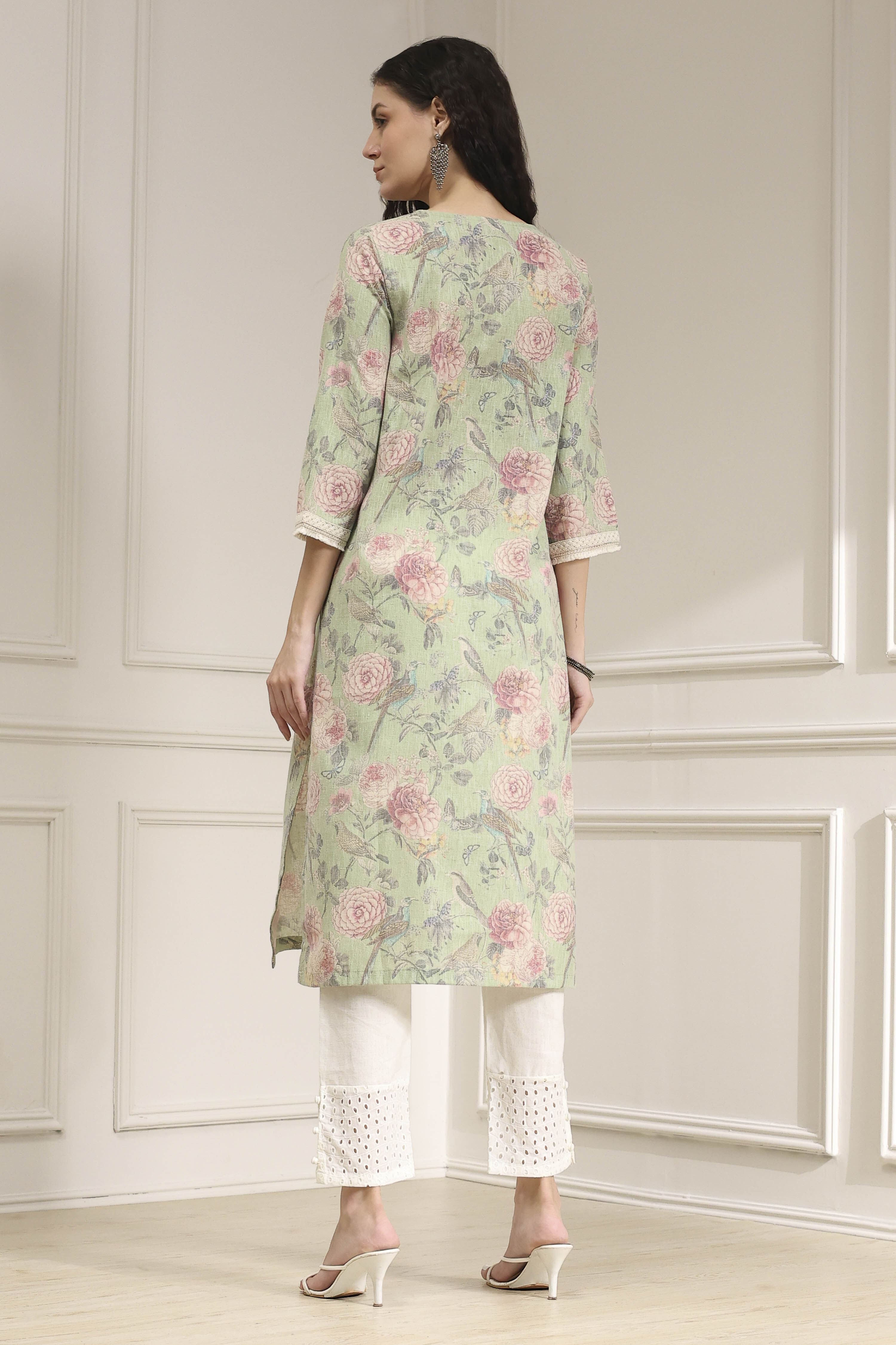 Light Green Cotton Blend Printed Straight Kurta image number 3