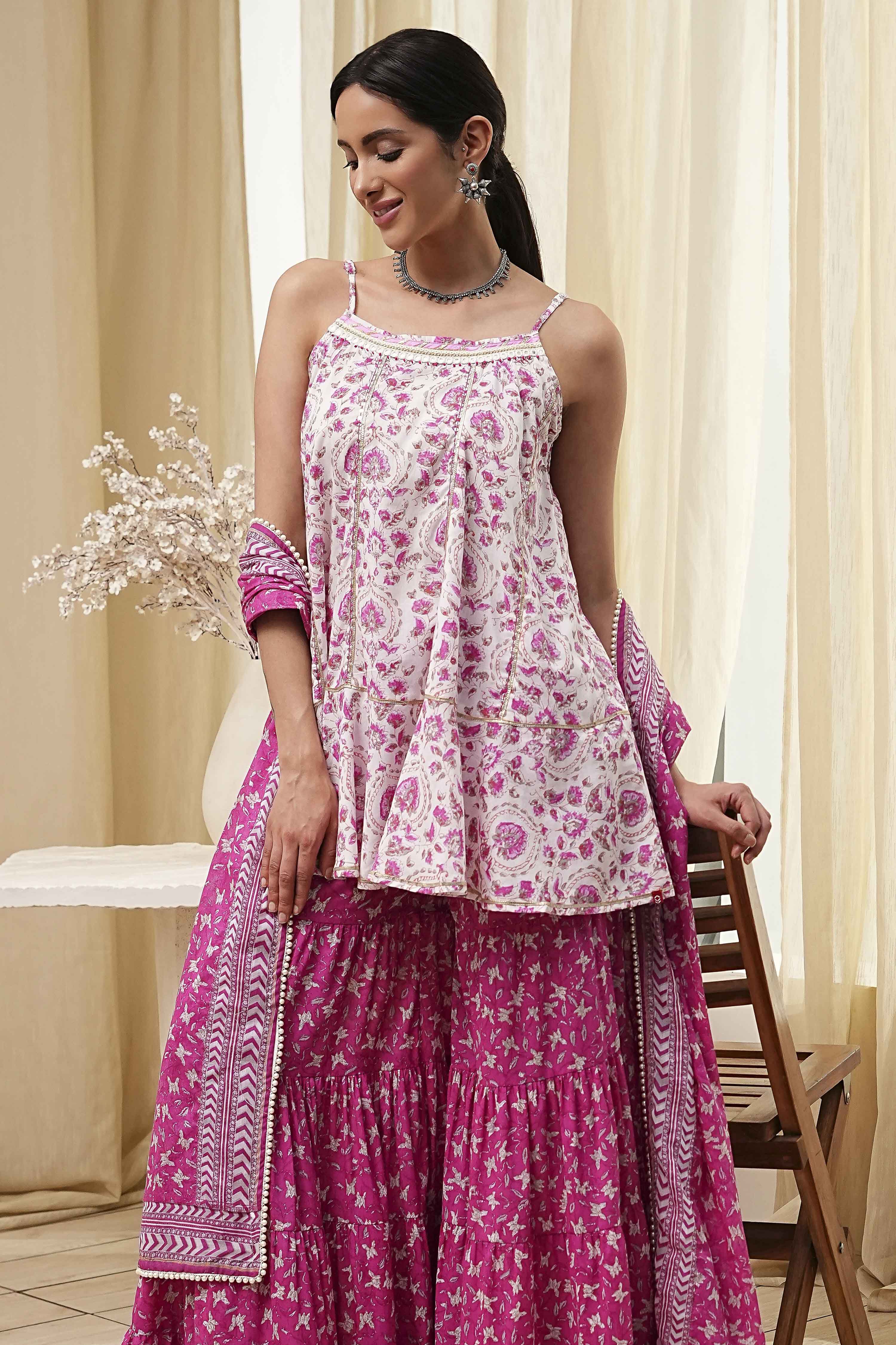 White and Pink Cotton Floral Flared Suit Set image number 0