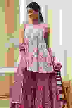 White and Pink Cotton Floral Flared Suit Set image number 0